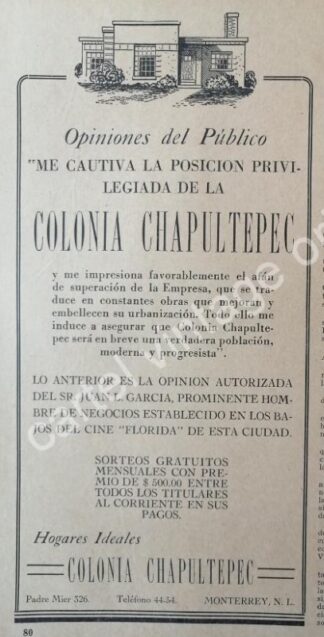 CARTEL ANTIGUO ORIGINAL DE INAUGURAN LA COLONIA. CHAPULTEPEC 1944 MONTERREY