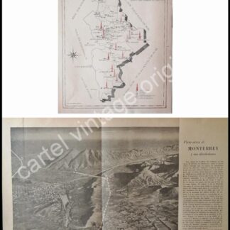 CARTEL ANTIGUO ORIGINAL DE MAPA Y VISTA AEREA DE MONTERREY 1942