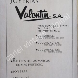 CARTEL ANTIGUO ORIGINAL DE JOYERIAS VALENTIN 1959 MONTERREY