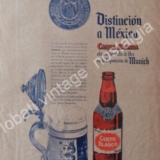 CARTEL ANTIGUO ORIGINAL DE CERVEZA CARTA BLANCA GANA PREMIO DE MUNICH 1960s / RARO