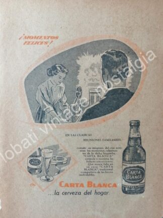 CARTEL ANTIGUO ORIGINAL DE CARTELITO CERVEZA CARTA BLANCA 60s LA CERVEZA DEL HOGAR