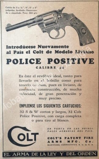 CARTEL ANTIGUO ORIGINAL DE ARMAS. REVOLVER COLT C.32. 1927