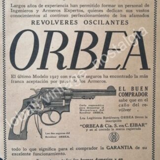 CARTEL ANTIGUO ORIGINAL DE ARMAS. REVOLVER ORBEA 1927 / MUY RARO