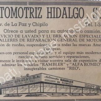CARTEL ANTIGUO ORIGINAL DE AUTOMOTRIZ HIDALGO S.A 1958, PUEBLA