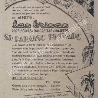 CARTEL ANTIGUO ORIGINAL DE HOTEL LAS BRISAS DE ACAPULCO 1967