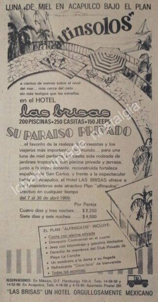 CARTEL ANTIGUO ORIGINAL DE HOTEL LAS BRISAS DE ACAPULCO 1967