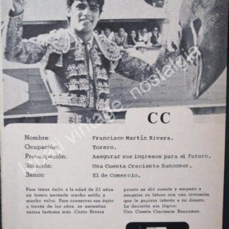 CARTEL ANTIGUO ORIGINAL DE TOREO MARTIN CURRO RIVERA Y BANCOMER 1973/ FEP
