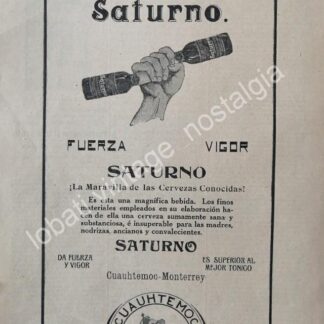 CARTEL ANTIGUO ORIGINAL DE CERVEZA SATURNO 1910 / MUY RARO / CHICO