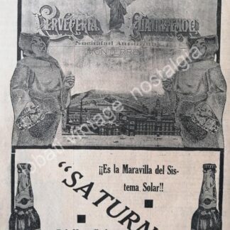 CARTEL ANTIGUO ORIGINAL DE CERVEZA SATURNO 1910 Y LA CERVECERIA CIAUHTEMOC / RARO