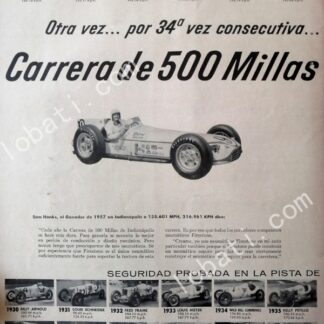 CARTEL ANTIGUO ORIGINAL DE PILOTO SAM HANKS 500 MILLAS DE INDIANAPOLIS / FEP