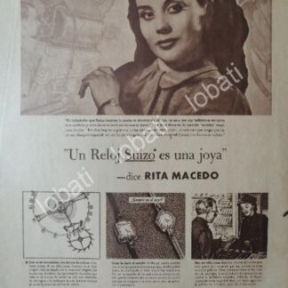 CARTEL ANTIGUO ORIGINAL DE RITA MACEDO Y RELOJES SUIZOS 1950 / RARO FEP