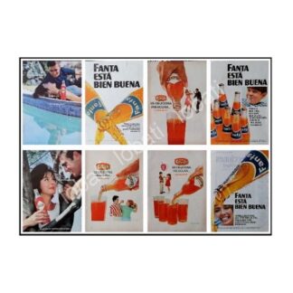 CARTEL ANTIGUO ORIGINAL DE SET DE 8 AFICHES REFRESCOS FANTA Y ORANGE CRUSH 1960s 70s