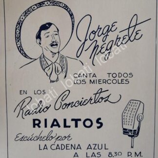 CARTEL ANTIGUO ORIGINAL DE JORGE NEGRETE Y CIGARROS RIALITOS 1953 XEW RADIO / SUPER RARO