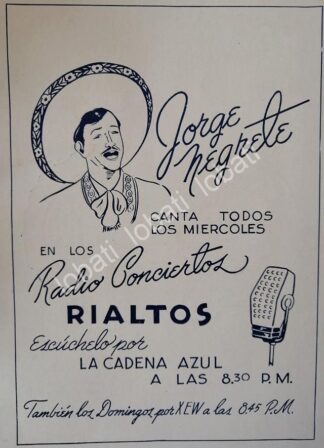 CARTEL ANTIGUO ORIGINAL DE JORGE NEGRETE Y CIGARROS RIALITOS 1953 XEW RADIO / SUPER RARO