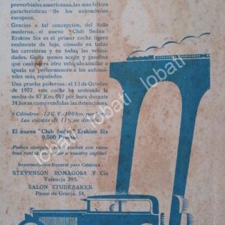 CARTEL ANTIGUO ORIGINAL DE AUTOS STUDEBAKER ERSKINE SIX CLUB SEDAN 1926 /128 /RARO