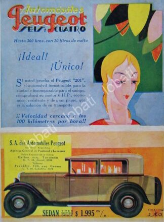 CARTEL ANTIGUO ORIGINAL DE AUTOS PEUGEOT SEIS CUATRO 1926 / ART NOUVEAU