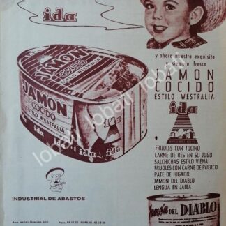 CARTEL ANTIGUO ORIGINAL DE JAMON COCIDO IDA. INDUSTRIAL DE ABASTOS S.A 1950s / MUY RARO
