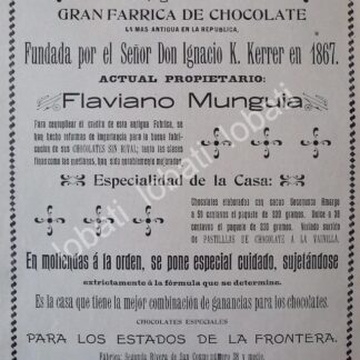 CARTEL ANTIGUO ORIGINAL DE FABRICA DE CHOCOLATES LA FLOR DE TABASCO 1898 / MUY RARO