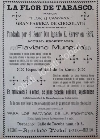 CARTEL ANTIGUO ORIGINAL DE FABRICA DE CHOCOLATES LA FLOR DE TABASCO 1898 / MUY RARO