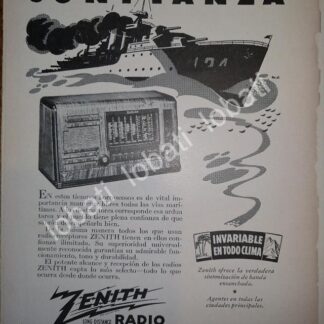 CARTEL ANTIGUO ORIGINAL DE MINI CARTEL. RADIO TRANS OCEANICO ZENITH 1940s SEGUNDA GUERRA MUNDIAL /52