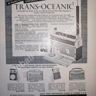 CARTEL ANTIGUO ORIGINAL DE MINI CARTEL. RADIO TRANS OCEANICO ZENITH 1950s /50