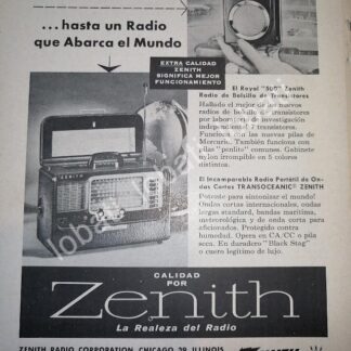 CARTEL ANTIGUO ORIGINAL DE MINI CARTEL. RADIO TRANS OCEANICO ZENITH 1940s /49