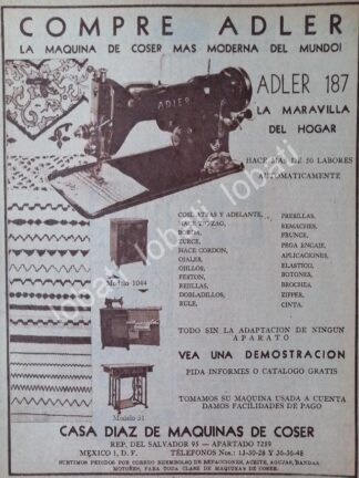 CARTEL ANTIGUO ORIGINAL DE MAQUINAS DE COSER ADLER 1953 /104, CASA DIAZ DE MAQUINAS