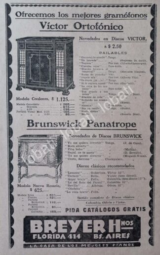 CARTEL ANTIGUO ORIGINAL DE VICTROLAS VICTOR & BRUNSWICK 1927 /70