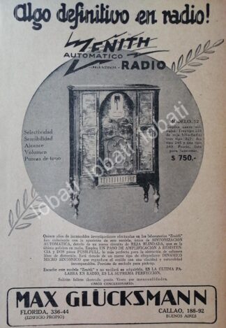 CARTEL ANTIGUO ORIGINAL DE RADIO ZENITH MOD. 52, 1927 ARGENTINA /62