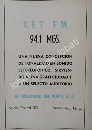 CARTEL ANTIGUO ORIGINAL DE RADIO DIFUSORA XETFM MONTERREY 1960s /35