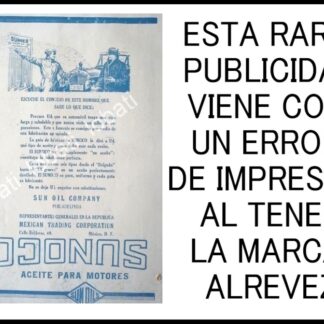 CARTEL ANTIGUO ORIGINAL DE ACEITE LUBRICANTES SUNOCO 1922 CON ERROR DE IMPRESION