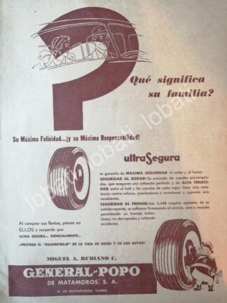 CARTEL ANTIGUO ORIGINAL DE LLANTAS GENERAL PÒPO DE MATAMOROS 1950s /41