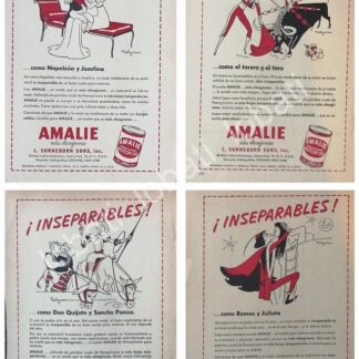 CARTEL ANTIGUO ORIGINAL DE SET DE 4 AFICHES, DIBUJOS DE JESUS HELGUERA , LUBRICANTES AMALIE 1952