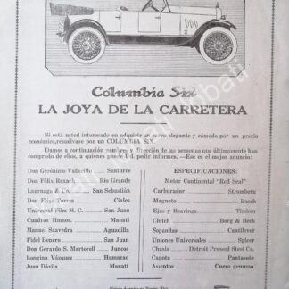 CARTEL ANTIGUO ORIGINAL DE AUTOS COLUMBIA SIX 1920 /386 MUY RARO