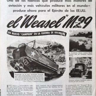 CARTEL ANTIGUO ORIGINAL DE TANQUE DE GUERRA WEASEL M29 1944 / SUPER RARO 10+ SGM