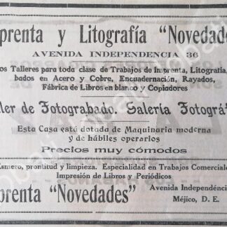 CARTEL ANTIGUO ORIGINAL DE IMPRENTA Y LITOGRAFIA NOVEDADES 1912 ( PERIODICO NOVEDADES ) /239