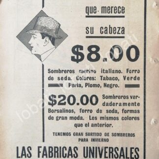 CARTEL ANTIGUO ORIGINAL DE TIENDAS LA FABRICAS UNIVERSALES, SOMBREROS 1920 /221