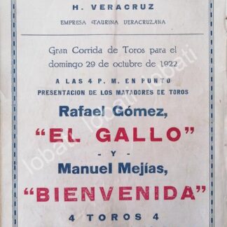 CARTEL ANTIGUO ORIGINAL DE PLAZA DE TOROS VILLA DEL MAR , VERACRUZ, 1922 /55 / MUY RARO