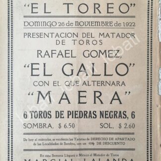 CARTEL ANTIGUO ORIGINAL DE CARTEL PLAZA DE TOROS EL TOREO, 1922 EL GALLO, LALANDA, /51