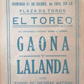CARTEL ANTIGUO ORIGINAL DE CARTEL PLAZA DE TOROS EL TOREO, 1922 PROPUESTA DE CORRIDA /47