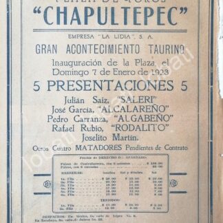 CARTEL ANTIGUO ORIGINAL DE INUGURACION DE LA PLAZA DE TOROS CHAPULTEPEC, 1923 /45