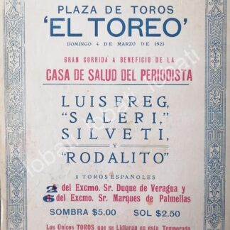CARTEL ANTIGUO ORIGINAL DE CARTEL PLAZA DE TOROS EL TOREO, 1923 RODALITO, LUIS FREG ETC