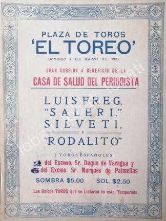 CARTEL ANTIGUO ORIGINAL DE CARTEL PLAZA DE TOROS EL TOREO, 1923 RODALITO, LUIS FREG ETC