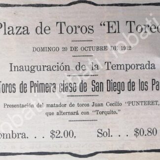 CARTEL ANTIGUO ORIGINAL DE CORRIDA DE TOROS, PLAZA DE TOROS EL TOREO 1912 /207