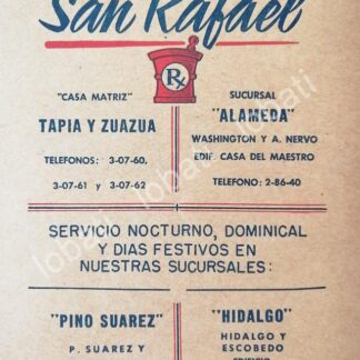 CARTEL ANTIGUO ORIGINAL DE FARMACIA SAN RAFAEL MONTERREY 1950s /269 RARO