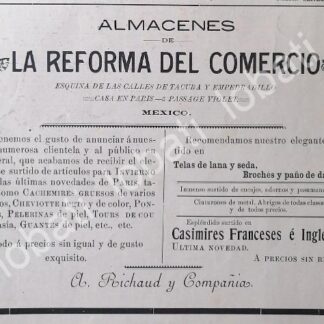 CARTEL ANTIGUO ORIGINAL DE TIENDA. ALMACENES LA REFORMA DEL COMERCIO 1895 /379 RARO