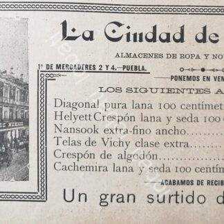 CARTEL ANTIGUO ORIGINAL DE MINI CARTEL. TIENDA " LA CIUDAD DE MEXICO " 1895 /378