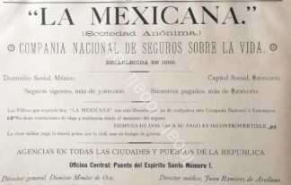 CARTEL ANTIGUO ORIGINAL DE COMPAÑIA DE SEGUROS LA MEXICANA 1894 /367