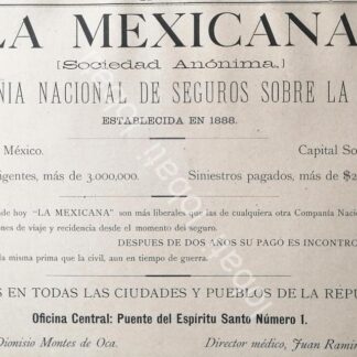 CARTEL ANTIGUO ORIGINAL DE COMPAÑIA DE SEGUROS LA MEXICANA 1894 /367