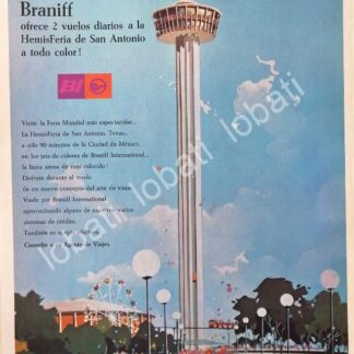 CARTEL ANTIGUO ORIGINAL DE AEROLINEAS BRANIFF Y LA FERIA MUNDIAL SAN ANTONIO TX 1968 /350